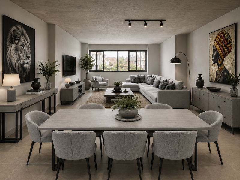 Spacious open-plan living and dining area featuring modern track lighting, large windows, and neutral tiled flooring in a well-appointed apartment setting.