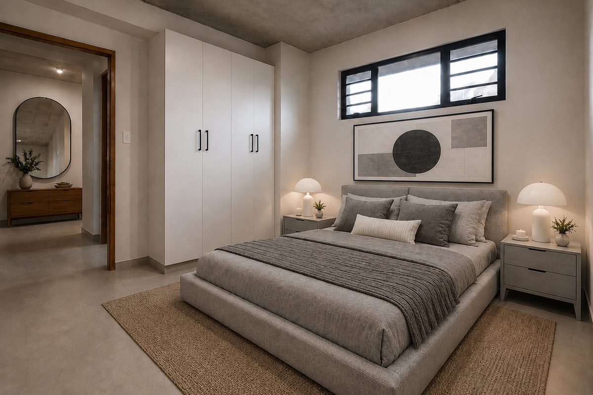 Modern bedroom featuring an exposed concrete ceiling, built-in wardrobe, tiled flooring, and a horizontal window providing natural light.