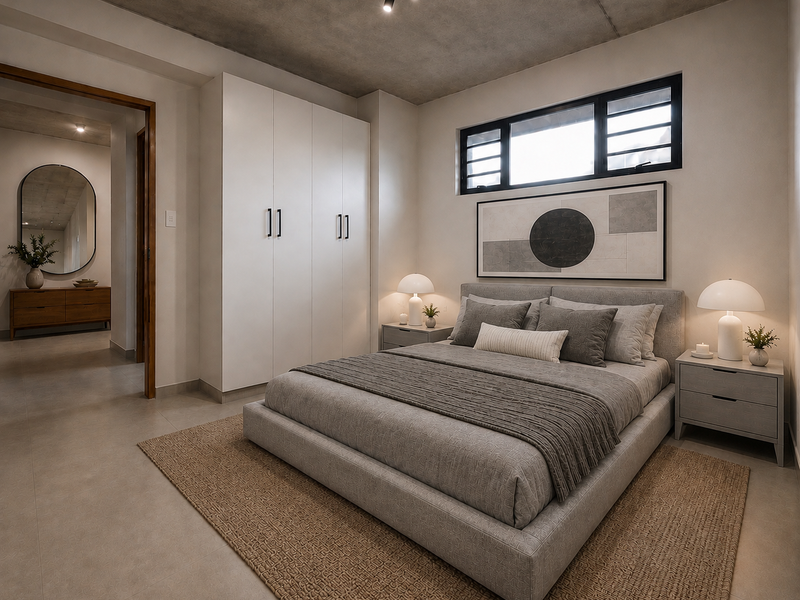 Modern bedroom featuring an exposed concrete ceiling, built-in wardrobe, tiled flooring, and a horizontal window providing natural light.