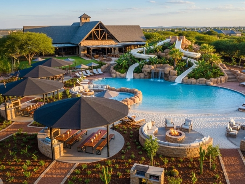 Expansive resort-style pool area featuring a water slide, rock waterfall, multiple fire pits, outdoor kitchen facilities, and beautifully landscaped surroundings.