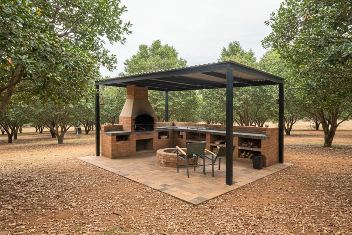 An outdoor entertainment area featuring a built-in brick braai, fire pit, and covered patio structure set within a landscaped orchard.
