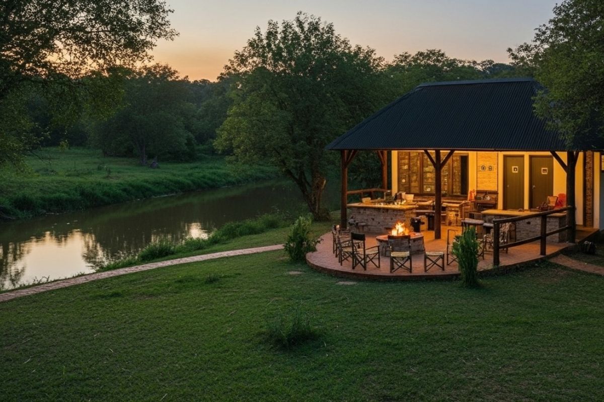 A scenic riverside covered patio featuring stone masonry, built-in braai facilities, and timber structural elements, set within a tranquil natural landscape.