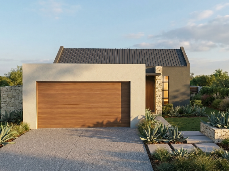 Modern residential facade featuring a wood-finish garage door, stone accents, and a clean concrete driveway with landscaped garden beds.
