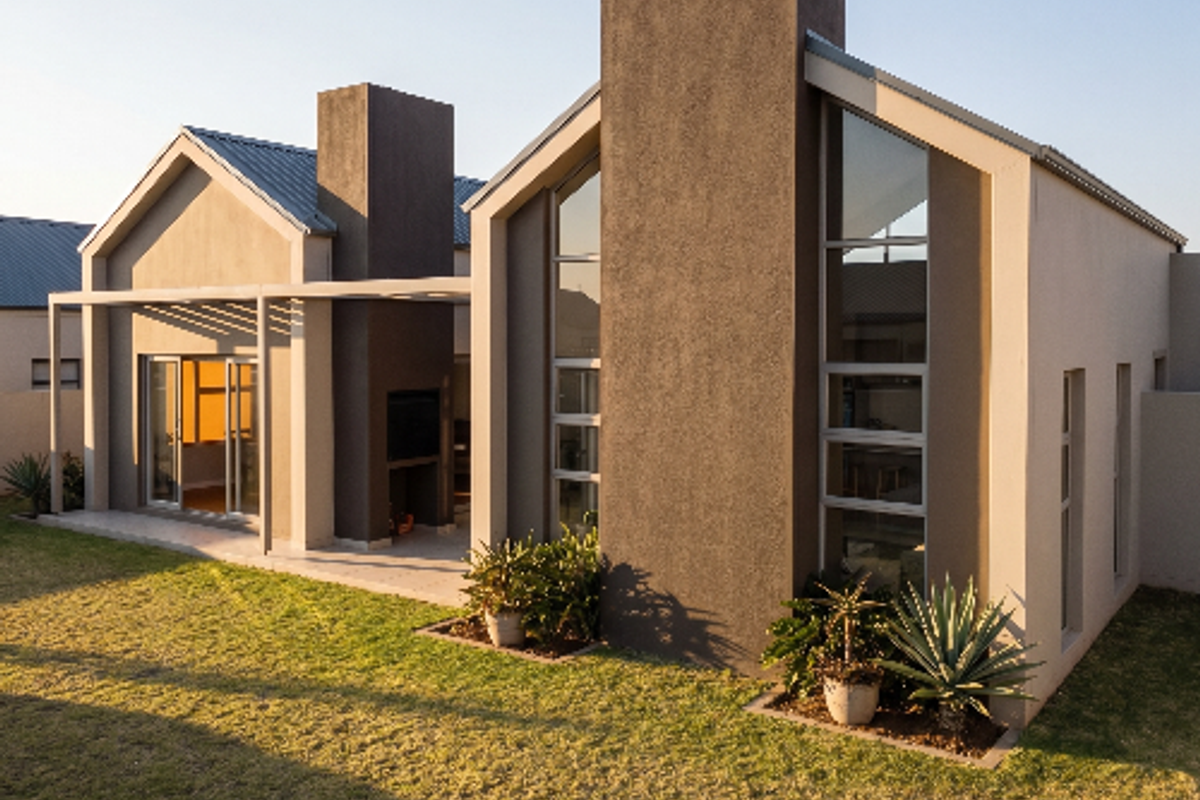 Modern rear elevation featuring a covered patio with built-in braai, large glass windows, and a well-maintained garden.