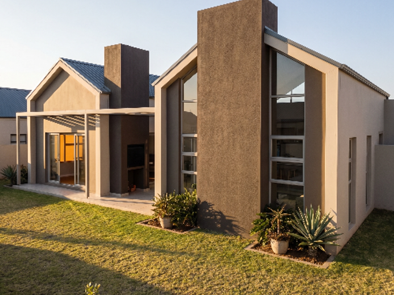 Modern rear elevation featuring a covered patio with built-in braai, large glass windows, and a well-maintained garden.