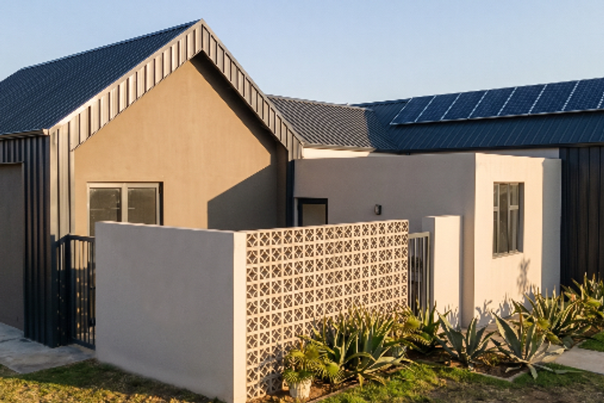 Modern residential exterior featuring contemporary metal cladding, a pitched roof with integrated solar panels, and a decorative breeze block privacy wall.