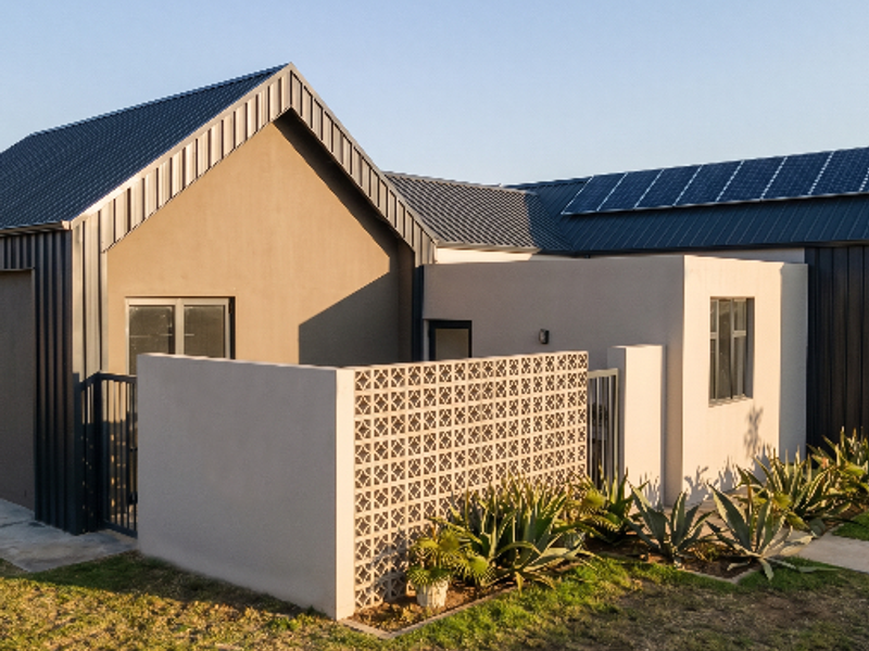 Modern residential exterior featuring contemporary metal cladding, a pitched roof with integrated solar panels, and a decorative breeze block privacy wall.