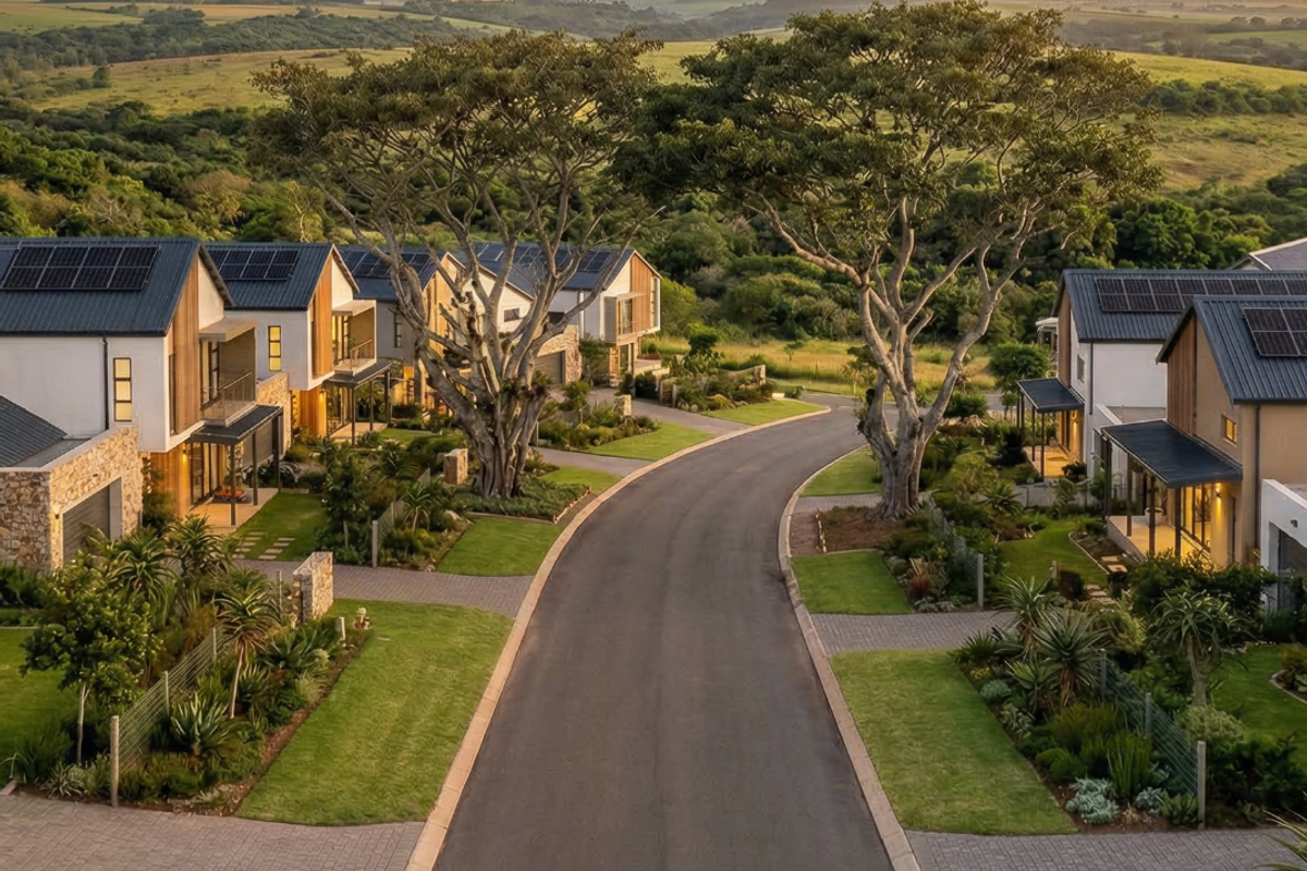 An elevated aerial view of a modern residential estate featuring contemporary homes with solar panels, paved driveways, and lush landscaped gardens.