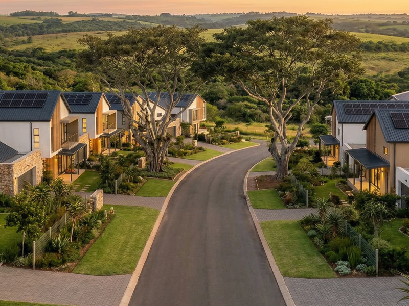 An elevated aerial view of a modern residential estate featuring contemporary homes with solar panels, paved driveways, and lush landscaped gardens.