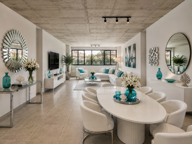 Spacious open-plan living and dining area featuring an exposed concrete ceiling, modern track lighting, and large windows with natural light.