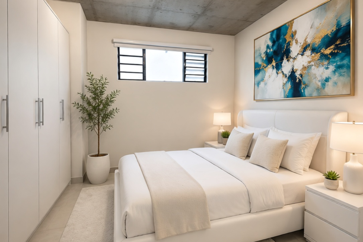 Modern bedroom featuring an exposed concrete ceiling, built-in floor-to-ceiling wardrobes, tiled flooring, and a high-level louvre window for natural light.
