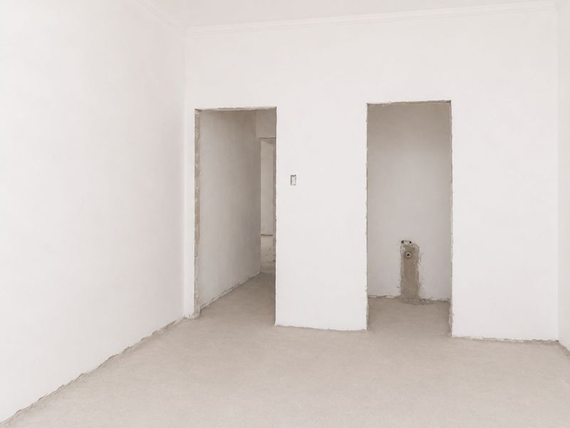 An unfinished interior space featuring exposed concrete flooring, white plastered walls, and visible plumbing rough-in, ready for final renovation and flooring installation.