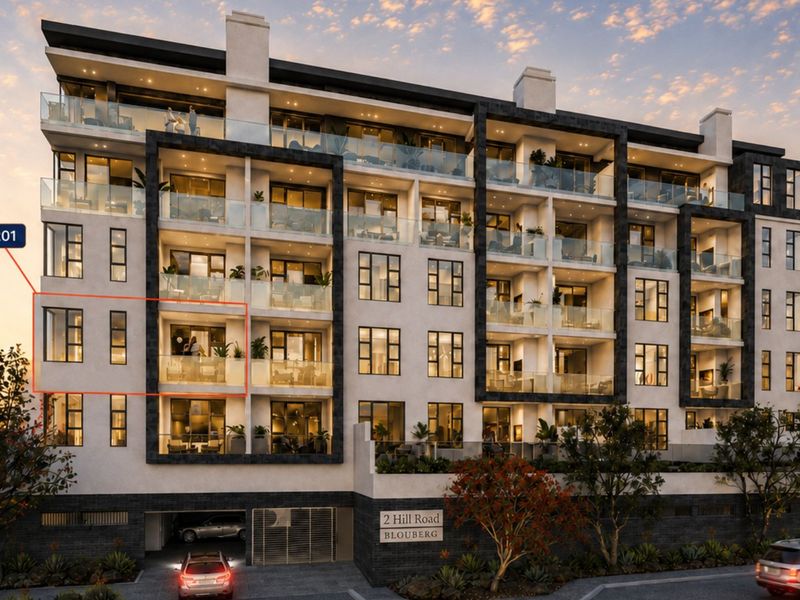 Modern apartment building exterior featuring glass balustrades and secure underground parking, with Unit 201 highlighted.