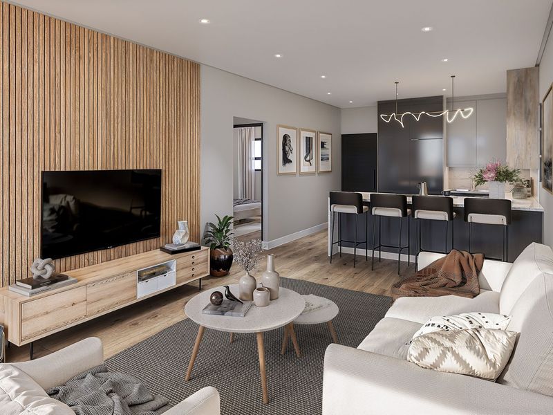 Modern open-plan living area featuring a timber slat feature wall, recessed lighting, and a contemporary kitchen with a central island.