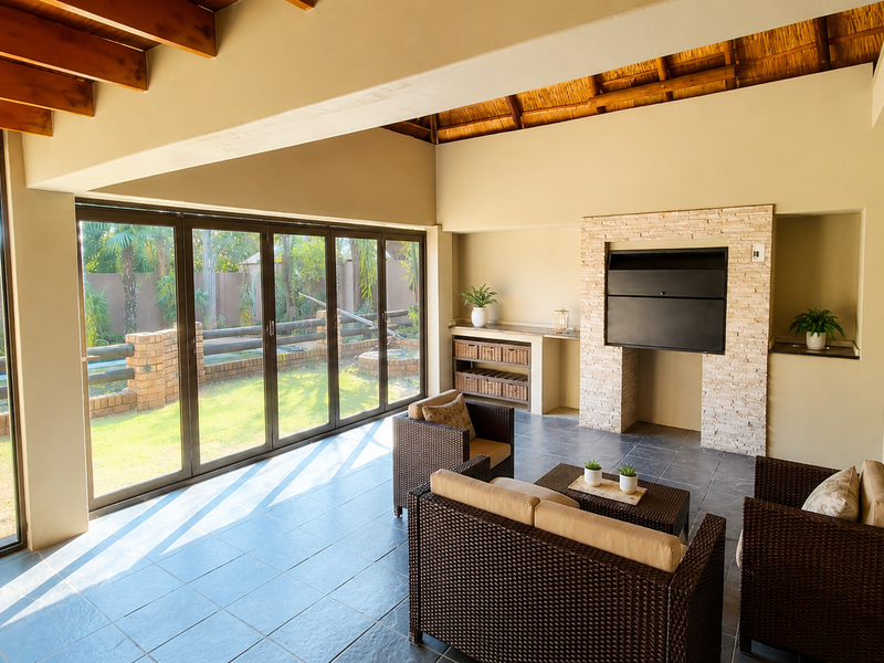 Spacious covered patio featuring a built-in braai with stone cladding, tiled flooring, exposed timber rafters, and large stacking glass doors opening to the garden.