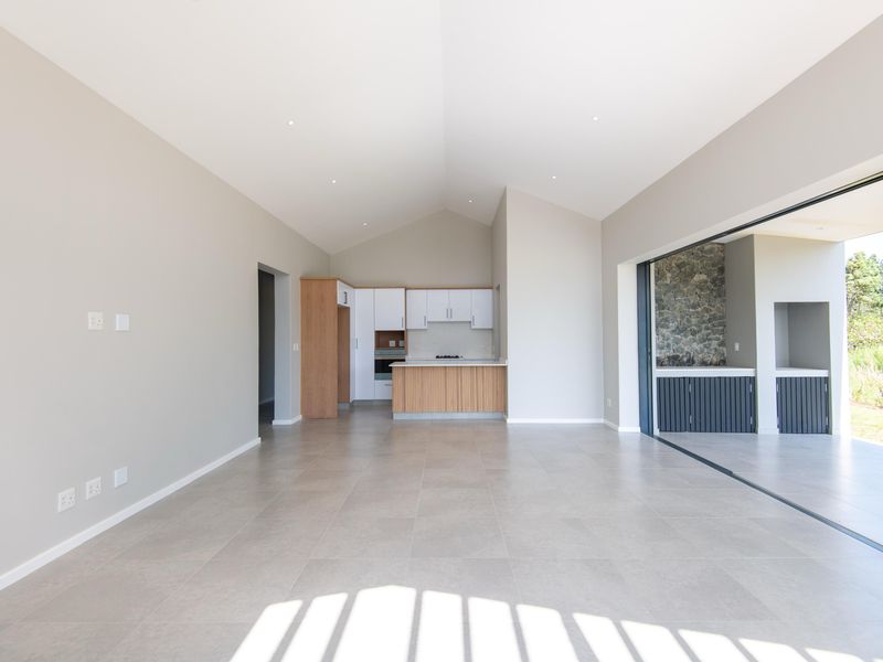 Spacious open-plan living area featuring a modern kitchen with built-in appliances, vaulted ceilings, and seamless flow to a covered patio through large sliding doors.