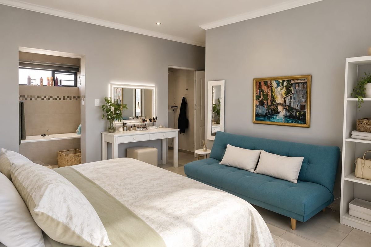 Spacious bedroom featuring an integrated en-suite bathroom with a built-in bathtub, neutral wall tones, and recessed downlighting.