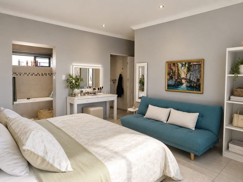 Spacious bedroom featuring an integrated en-suite bathroom with a built-in bathtub, neutral wall tones, and recessed downlighting.