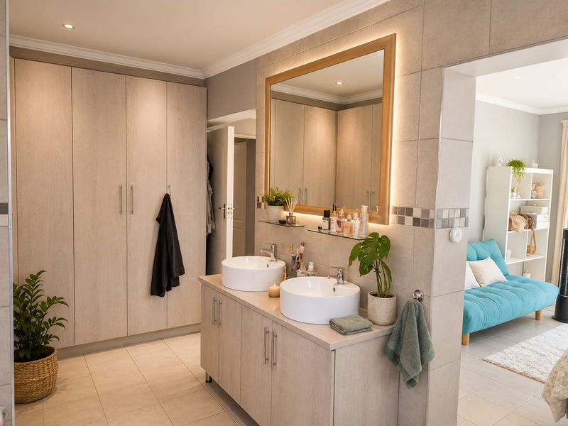 Modern bathroom featuring a double vanity with vessel sinks, integrated cabinetry, and a stylish backlit mirror, finished with neutral floor tiles.