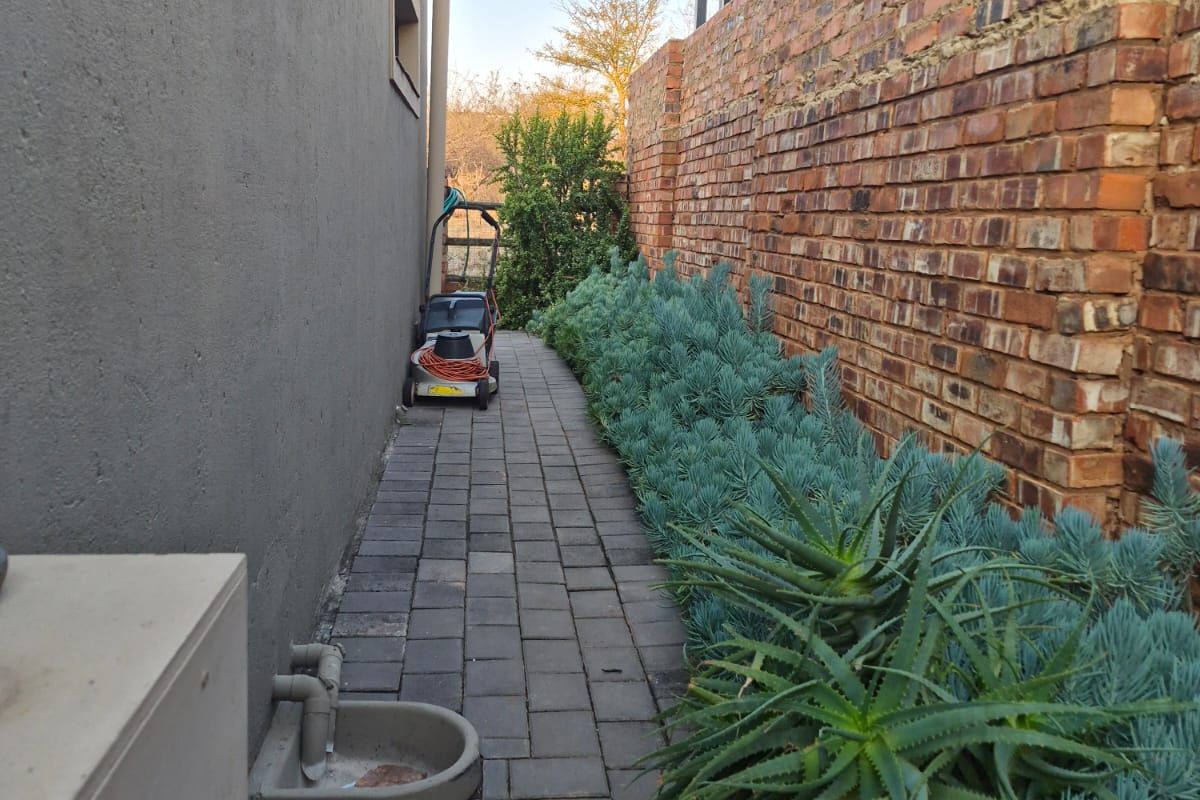 A side pathway featuring paved flooring, a brick boundary wall, and established garden landscaping along the side of the house.
