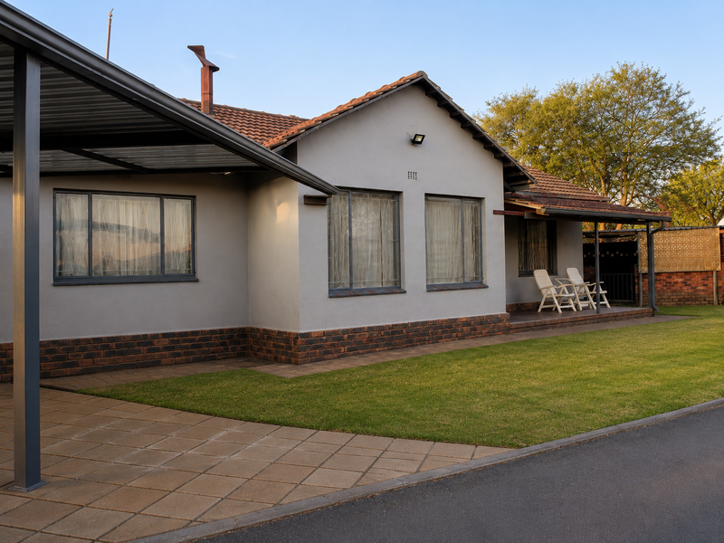 Front view of a well-maintained house featuring a tiled roof, brick base detailing, a paved driveway, and an attached metal carport.