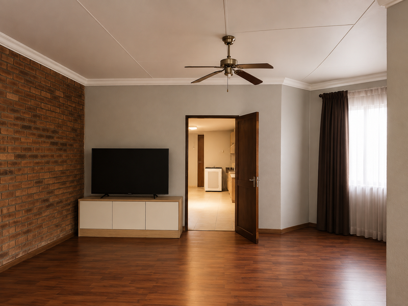 Spacious living room featuring an exposed brick accent wall, laminate flooring, and a ceiling fan, with an open doorway leading to an adjacent utility area.
