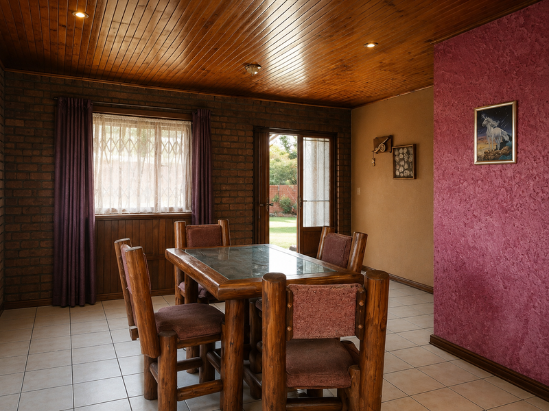 Dining room featuring exposed brick walls, a timber tongue and groove ceiling, tiled flooring, and direct access to the garden through a security gate.