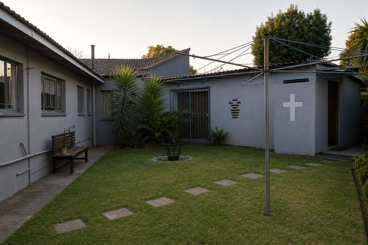 Rear courtyard area featuring a lawn, paved walkway, security gates, and a rotary clothesline, set against the exterior wall of the house.