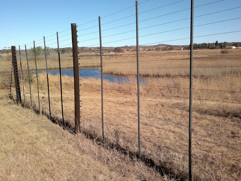 A view of the farm perimeter featuring a tall electric fence line overlooking a natural pond and open landscape.