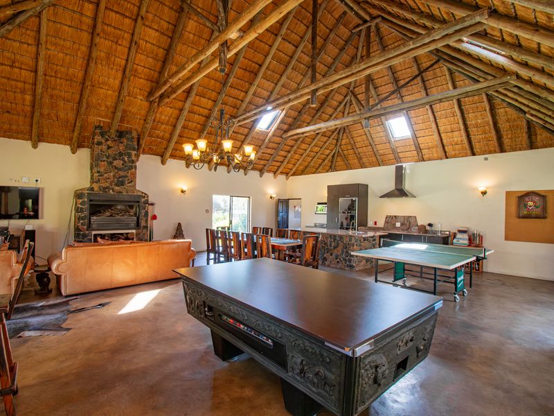 Spacious open-plan living and kitchen area featuring a high vaulted thatched ceiling with exposed timber trusses, stone fireplace, and polished concrete floors.