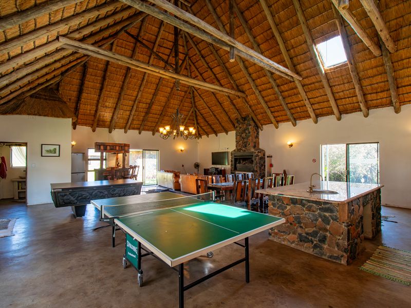 Spacious open-plan living area featuring a high vaulted thatched ceiling with exposed rafters, a stone-clad fireplace, and a central stone kitchen island.