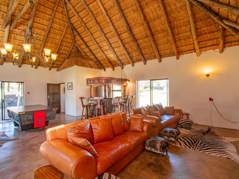Spacious living area featuring a high vaulted thatched roof with exposed timber rafters, concrete flooring, and a built-in bar, opening to outdoor spaces.