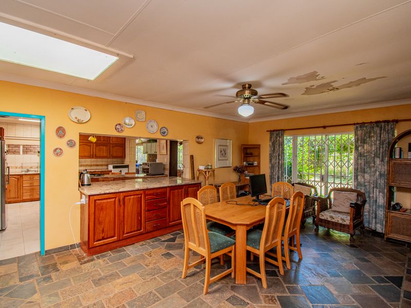 Open-plan living and dining area featuring stone tile flooring, a ceiling fan, skylight, and a pass-through window to the kitchen with granite countertops.
