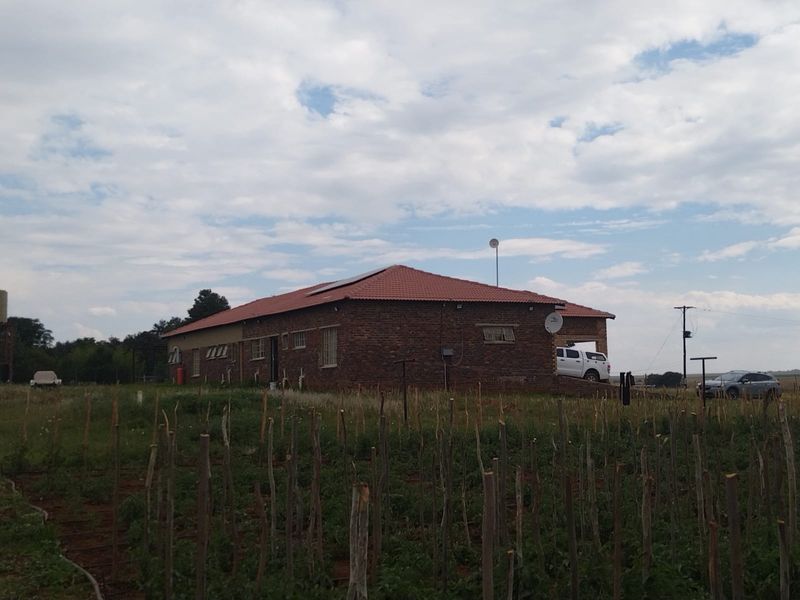 A rear view of a brick farmhouse featuring a tiled roof with solar panels, set against a rural landscape.