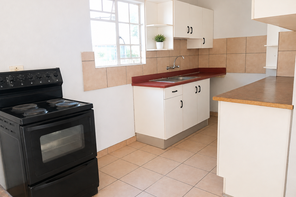 A functional kitchen featuring white cabinetry, laminate countertops, tiled splashbacks, and a freestanding stove, offering a clean and practical workspace.