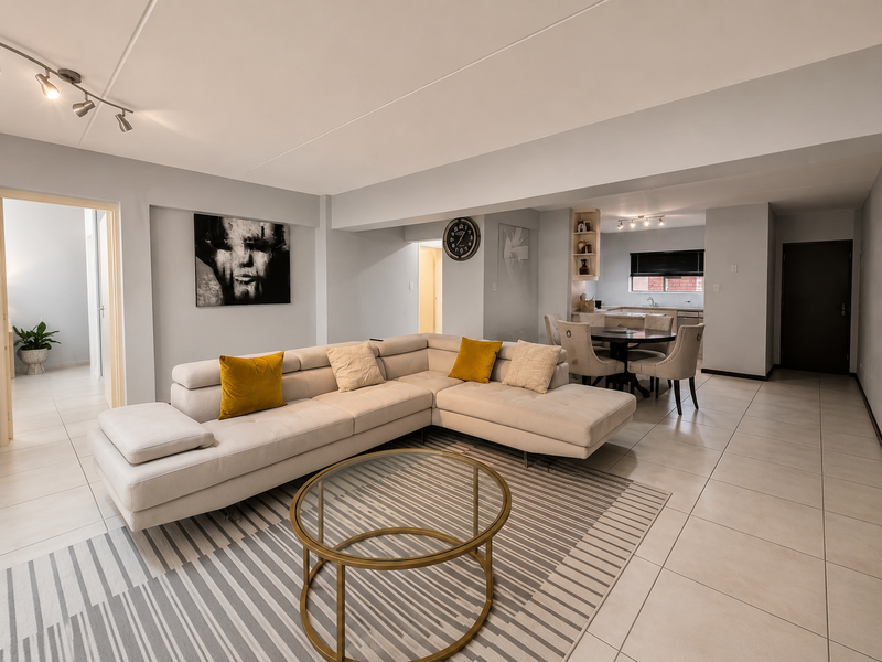 Spacious open-plan living and dining area featuring neutral tiled flooring, modern track lighting, and a seamless transition into a functional kitchen space.