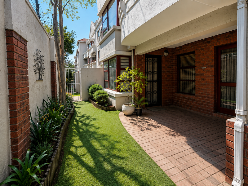 A well-maintained rear courtyard featuring brick paving, artificial lawn, and a secure entrance with a metal security gate.