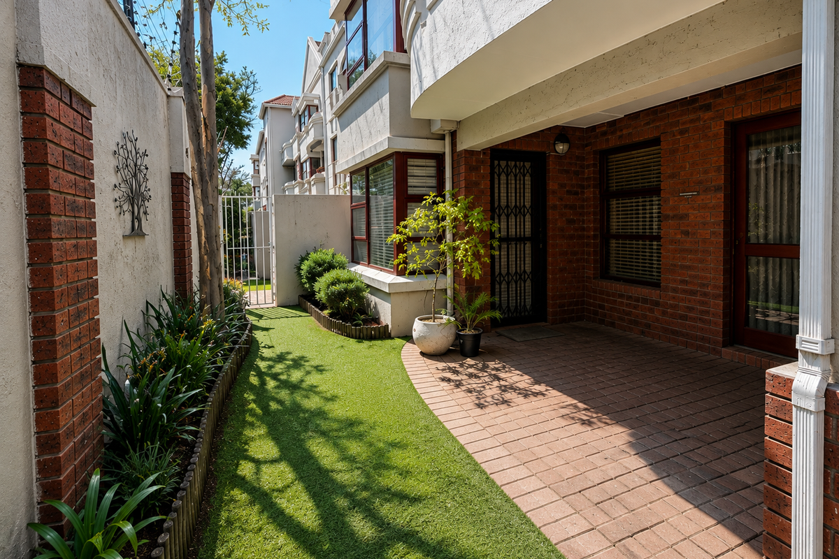 A well-maintained rear courtyard featuring brick paving, artificial lawn, and a secure entrance with a metal security gate.