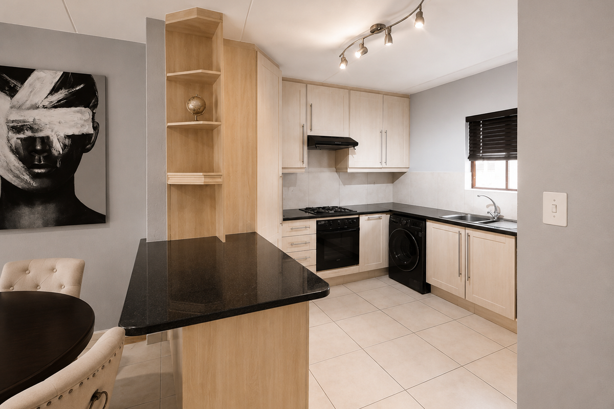 Modern kitchen featuring light wood cabinetry, black granite countertops, integrated gas hob, oven, and tiled flooring with a functional breakfast bar layout.