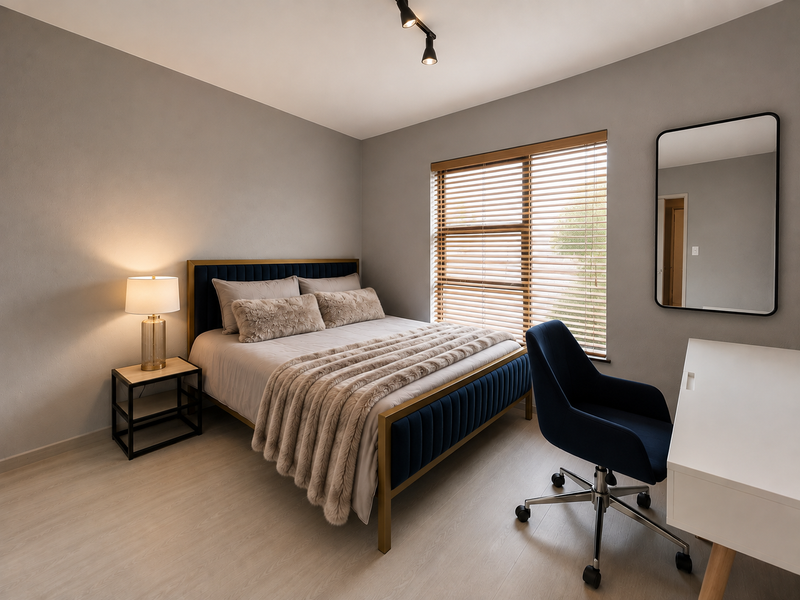 A well-maintained bedroom featuring light-toned laminate flooring, modern track lighting, and venetian blinds, creating a clean and contemporary living space.