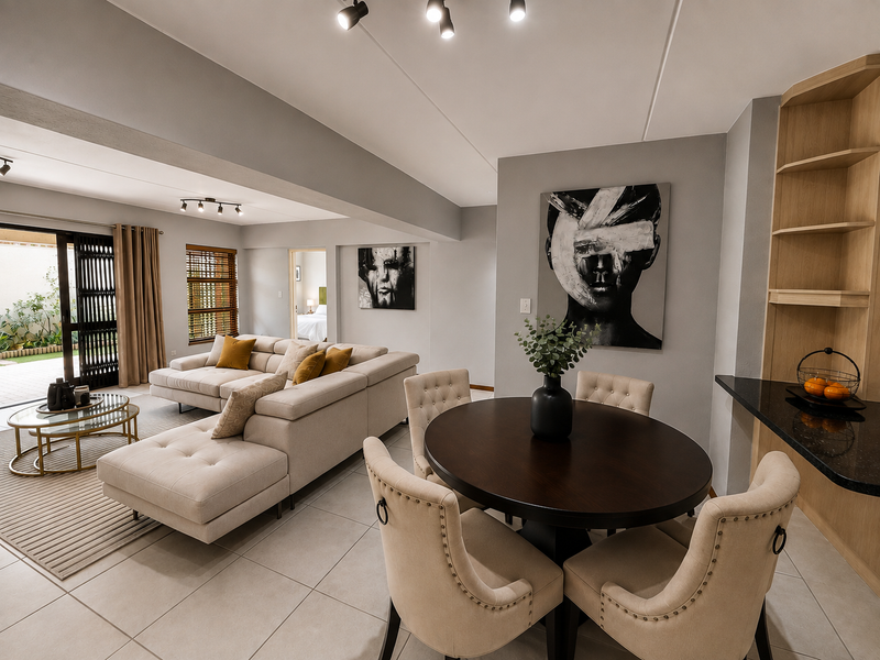 Spacious open-plan living and dining area featuring neutral tiled flooring, modern track lighting, and built-in shelving with a granite countertop.