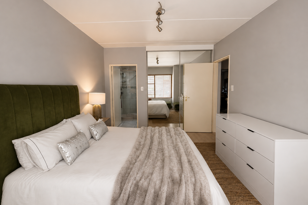 A well-maintained bedroom featuring built-in wardrobes with mirrored sliding doors, track lighting, and an adjoining en-suite bathroom.