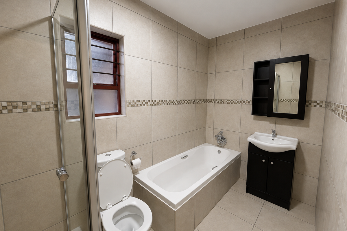 A clean, modern bathroom featuring a built-in bathtub, separate glass shower enclosure, vanity basin, and neutral floor-to-ceiling wall tiling.