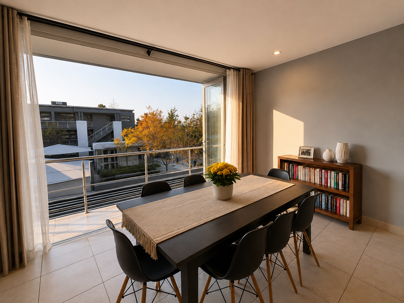 A bright dining area featuring tiled floors and large glass doors opening onto a balcony with neighborhood views.