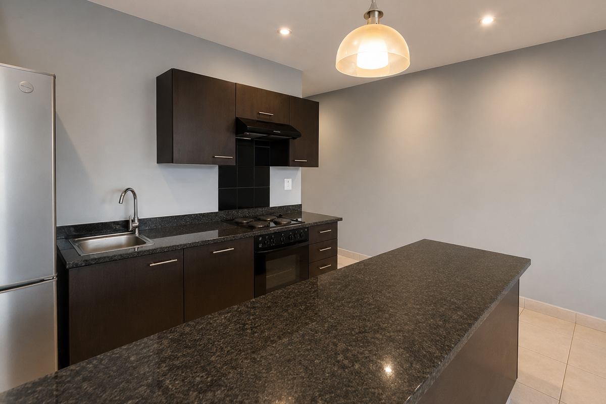 Modern kitchen featuring dark wood cabinetry, granite countertops, built-in oven, electric hob, and a functional breakfast bar island.
