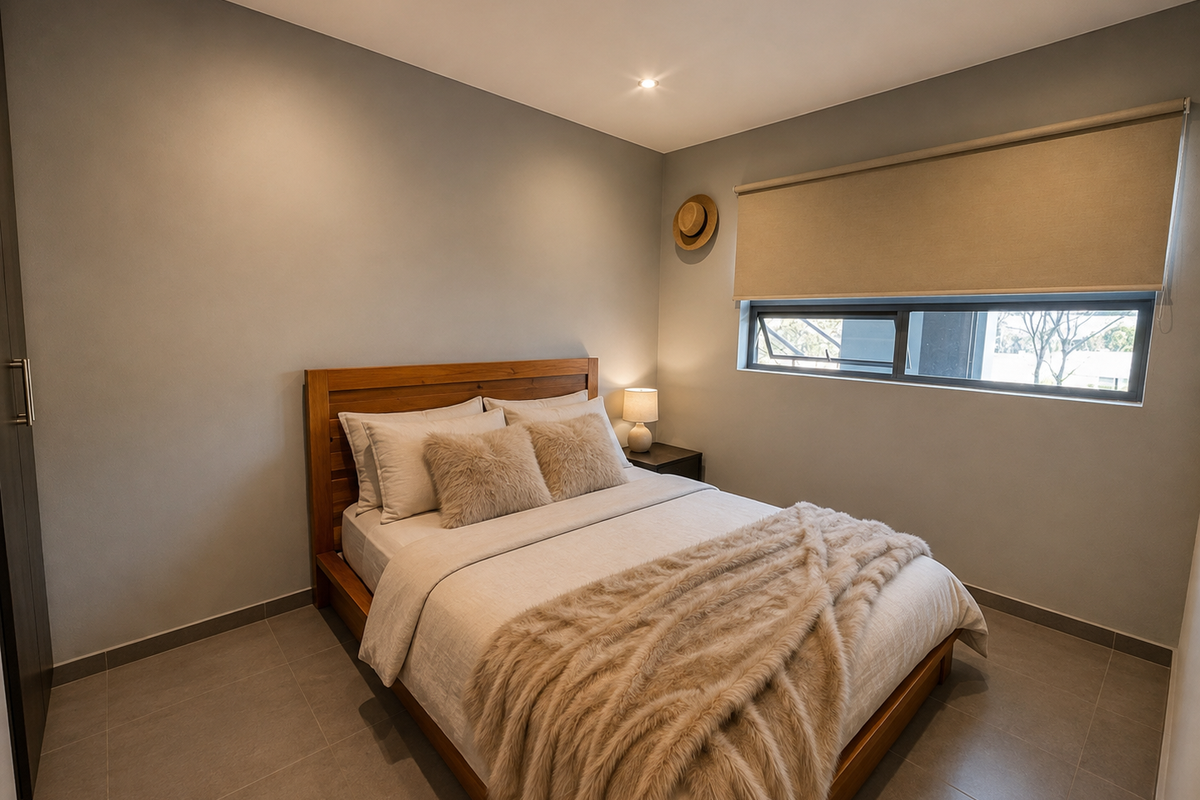 A well-maintained bedroom featuring neutral grey walls, tiled flooring, recessed lighting, and a functional roller blind over the window.