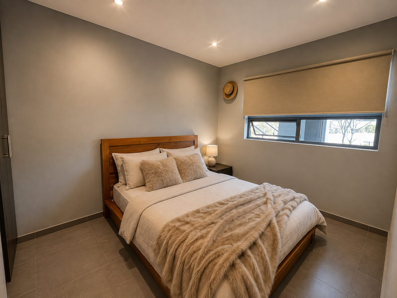 A well-maintained bedroom featuring neutral grey walls, tiled flooring, recessed lighting, and a functional roller blind over the window.