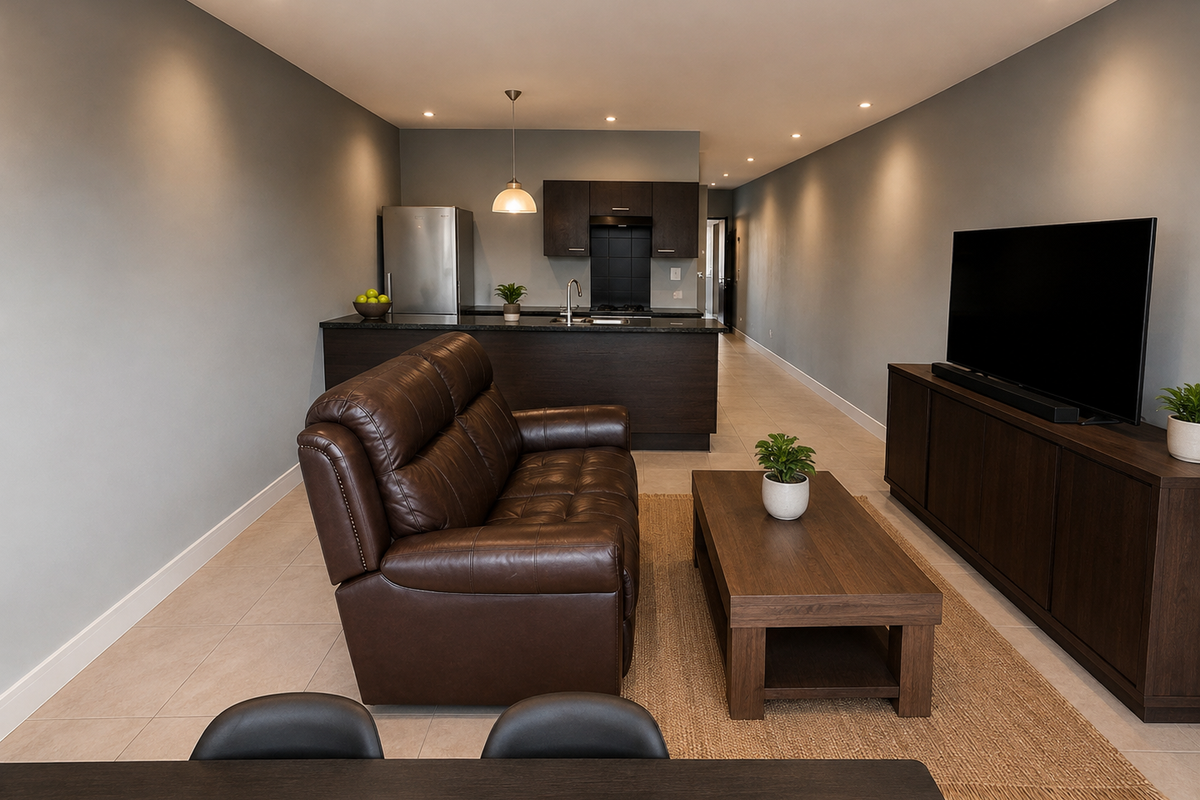 A modern open-plan living and kitchen area featuring dark wood cabinetry, a kitchen island with sink, and neutral tiled flooring throughout.