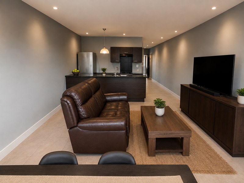 A modern open-plan living and kitchen area featuring dark wood cabinetry, a kitchen island with sink, and neutral tiled flooring throughout.