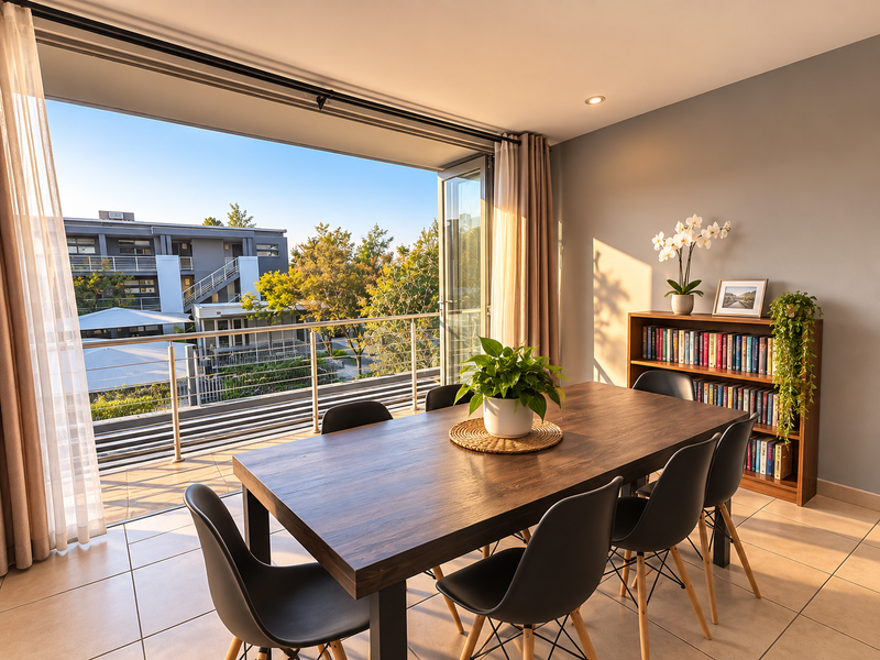 Bright dining area featuring large bi-fold doors opening onto a balcony, with modern tiled flooring and recessed lighting.